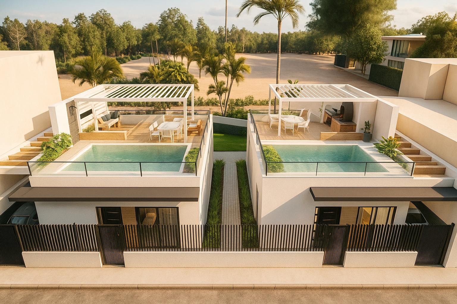 Front view of CasaConstruction’s twin villa project in Tenerife with rooftop pools and cinematic lighting.