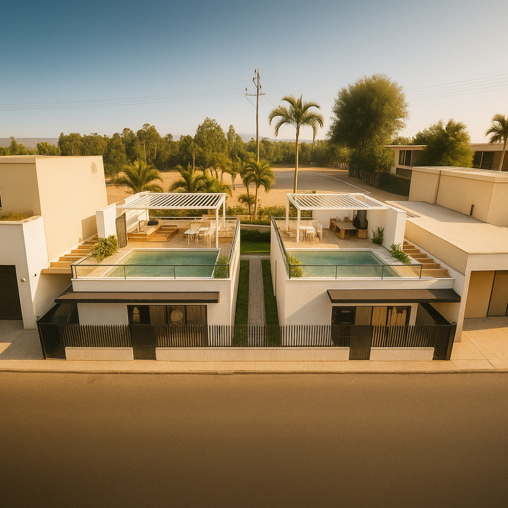 Front view of CasaConstruction’s twin villa project in Tenerife with rooftop pools and cinematic lighting.